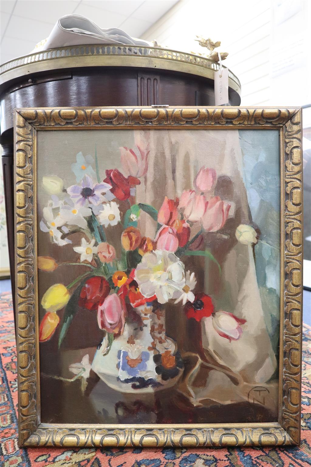 CTN, oil on canvas, Still life of spring flowers in a jug, monogrammed, 55 x 45cm